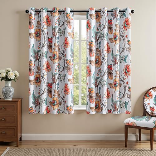 MYSKY HOME Floral Blackout Curtains 63 Inch Long 2 Panels Set for Bedroom Thermal Insulated Light Blocking Black Out Drapes Printed Flower Vintage Style Grommet Window Treatments, 52"W, Greyish White - color: Greyish White, size: 52"W x 63"L (Pack of 2)