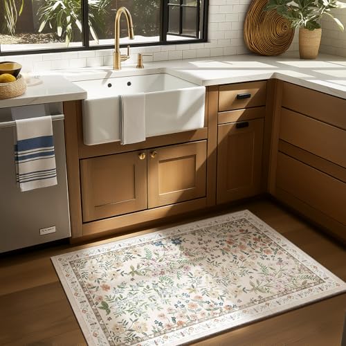 Machine Washable Small Rugs for Entryway: Door Mat Indoor Entrance 2x3 Throw Rug Non-Slip Low Pile Soft Kitchen Rugs for Front Door Indoor Entrance Entry Bedside Kids Room - color: Floral-light Beige, size: 2' x 3' (Rectangular)