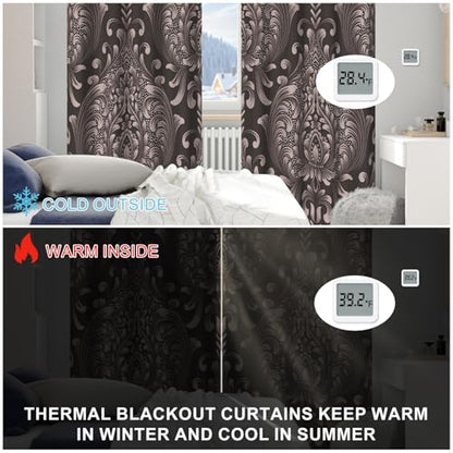 Blackout Curtains 84 Inch Length 2 Panels Set with Tiebacks, Brown Floral Grommet Black Out Curtain for Living Room, Summer Thermal Insulated Soundproof Pattern Darkening Curtains for Girls Bedroom - color: Regal Damask