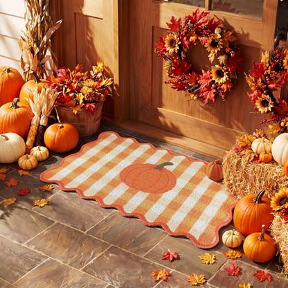 Fall Doormat Outdoor Pumpkin Orange White Gingham Welcome Scalloped Mat - style: Large Pumpkin