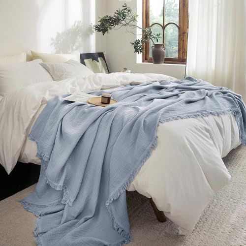 FOSSA Muslin Blanket 4-Layer 100% Cotton Gauze Blanket with Fringe 108"x98" - color: Cornflower Blue, size: Super King(108" × 98")