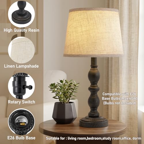 Table Lamps Set of 2, 20.5" Rustic Farmhouse Bedside Lamps with Linen Shade - color: Black