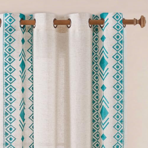 Teal Blue Sheer Curtains 72 Inch Geometric Embroidered 2 Panels - color: Geometric-teal, size: 52"W x 72"L (Pack of 2)