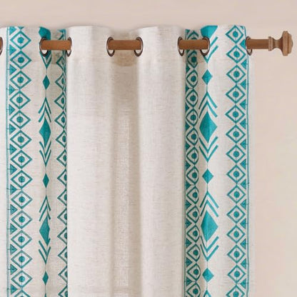Teal Blue Sheer Curtains 72 Inch Geometric Embroidered 2 Panels - color: Geometric-teal, size: 52"W x 72"L (Pack of 2)