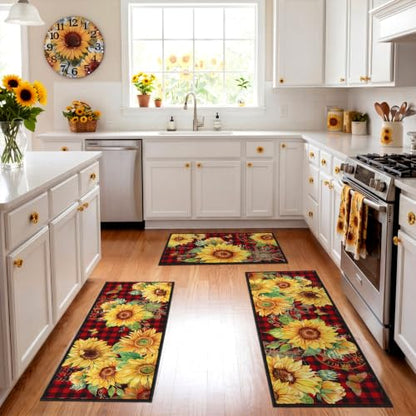Fourluoo 3 Pcs Sunflower Kitchen Rugs and Mats Set Red Black Buffalo Plaid - color: Red Black Buffalo Plaid