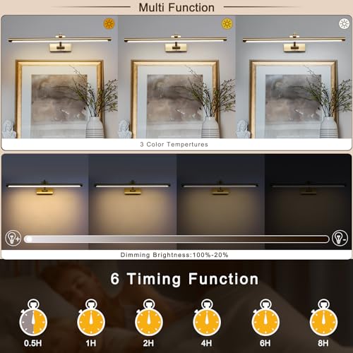 5W LED Wireless Picture Lights with Remote and Timer 23.6 Inch Rechargeable Brass Gallery Lighting Battery Operated Art Lights Over Frame Portrait - color: Battery Operated Brass, size: 24 Inch