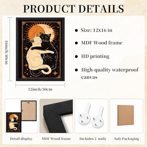 Black Framed Cat Wall Art, Celestial Pictures Wall Decor, 12x16 in - color: Gold-Cats