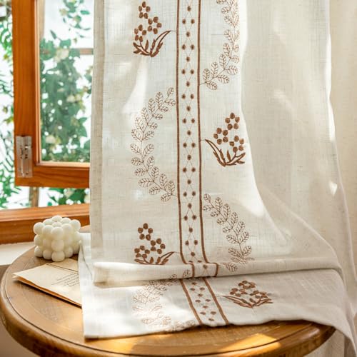 Beige linen blend brown embroidery FloralGrommet Curtains, 55”*83“ 2 Panels - color: Brown, size: 55"W x 83"L (Pack of 2)