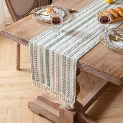 Caflife Sage Green and Beige Woven Rustic Boho Table Runner 90 Inchs Long - color: Sage Green, size: 13x90Inch