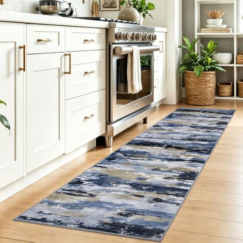 Abstract Washable 2x7 Runner Rug Non Slip Runners for Hallway - color: Navy / Blue / Taupe, size: 2' x 7' (Runner)