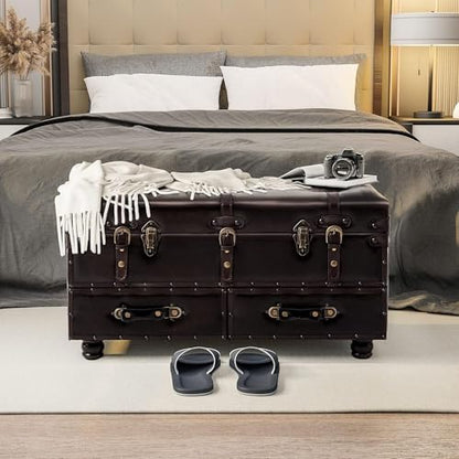 COZAYH Storage Bench, Mid-Century Faux Leather Ottoman, Bedroom, Dark Brown - color: Black Brown
