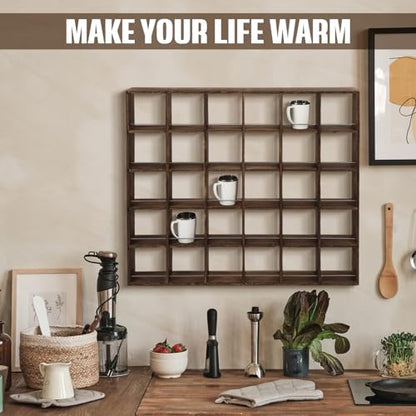 Kigley Oversize Coffee Mug Display Rack Wooden Shelves Rustic Shot Glass Display Case Travel Mug Shelf Wall Mounted Rack Holder Shadow Box(5 x 6,Dark Brown) - color: Dark Brown, style: 5 x 6