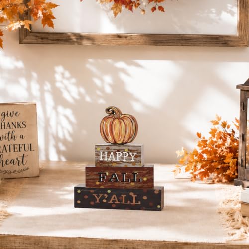 Smile Fall Wooden Block Decor Signs Pumpkin Plaque HAPPY FALL Y'ALL Tiered Tray Tabletop Signs for Autumn Harvest Thanksgiving Home Decor - style: Fall Y’all
