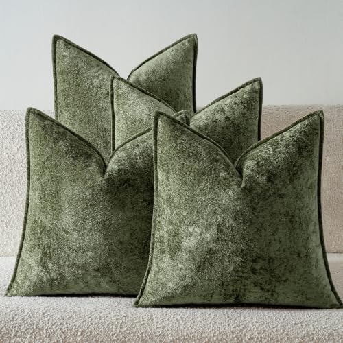 a moment 장식용 쿠션 커버 61x61cm(24x24인치) 4팩, 3D 아이스 플라워가 있는 부드러운 벨벳 장식 베개 커버, 소파 카우치 홈 데코용 텍스처 모던 액센트 쿠션 커버 모스 그린 - color: 모스 그린., size: 24" x 24" (Pack of 4)