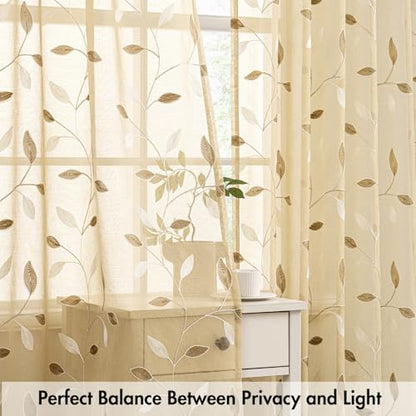 MIULEE Beige Sheer Curtains 2 Panels Leaf Patterned, W30 x L30 - color: Beige, size: 30"W x 30"L (Pack of 2)