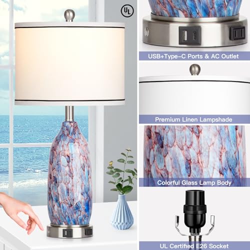 Rinweey 26" Coastal Glass Table Lamps Set of 2,Nautical lamp with USB A+C Ports & AC Outlet,Bule Bedside Lamps with 3-Way Dimmable Touch Control Night Light for Bedroom Living Room(Bulbs Included) - color: Multicolor
