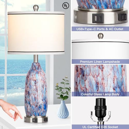 Rinweey 26" Coastal Glass Table Lamps Set of 2,Nautical lamp with USB A+C Ports & AC Outlet,Bule Bedside Lamps with 3-Way Dimmable Touch Control Night Light for Bedroom Living Room(Bulbs Included) - color: Multicolor