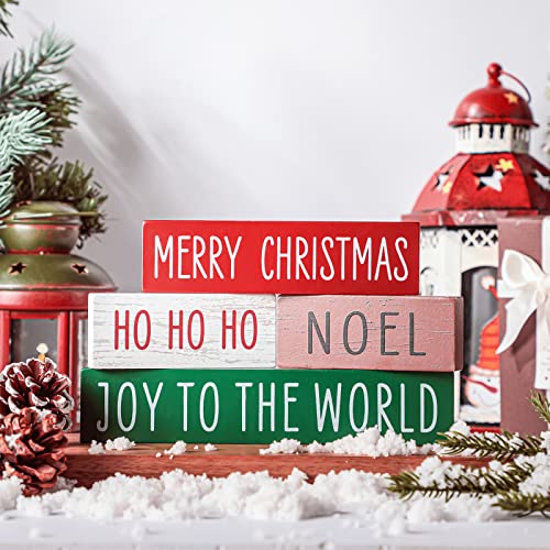 Blulu 4 Pieces Christmas Wooden Block Sign Red White Green Brown Table Centerpieces Farmhouse Tabletop Christmas Ornaments for Home Shelf Mantel Fireplace Table Windowsill Decor