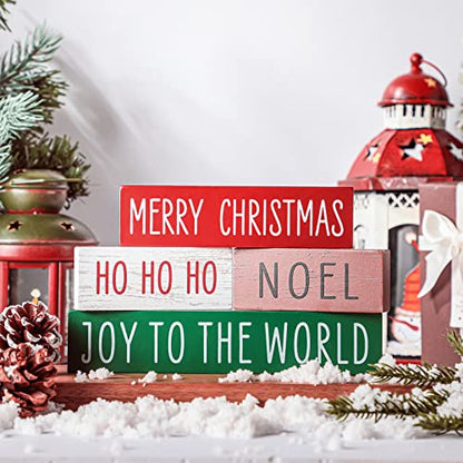 Blulu 4 Pieces Christmas Wooden Block Sign Red White Green Brown Table Centerpieces Farmhouse Tabletop Christmas Ornaments for Home Shelf Mantel Fireplace Table Windowsill Decor