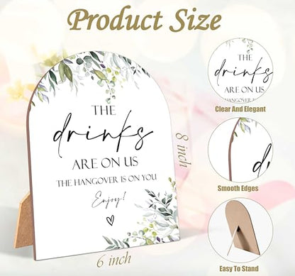 Greenery The Drinks Are On Us Sign, Wedding Ceremony Signs, 6 x 8 Inch Arch Wooden Tabletop Sign with Stand, Wedding Reception Decoration Supplies (PZ06) - color: The Drinks Are On Us