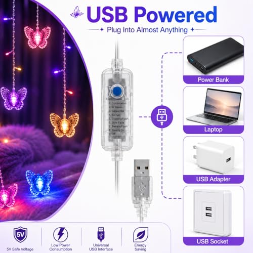 Butterfly Curtain Fairy Lights USB Plug in,8 Modes 120 LED 19.7FT Firefly Twinkle Timer String Lights with Remote, Waterproof Copper Wire for Bedroom Patio Christmas Wedding Party (Multi-new) - color: Multi-new