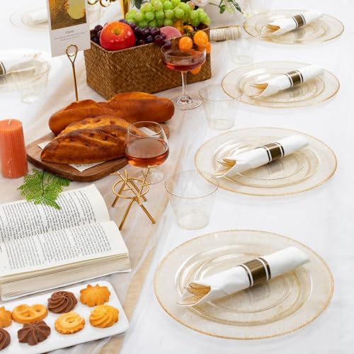 WELLIFE 210Pcs Gold Glitter Dinnerware Set, Gold Glitter Disposable Dinnerware for 30 Guests, Include: 30Dinner Plates, 30Dessert Plates, 90Gold Glitter Silverware, 30 Cups, 30 Paper Napkins - color: Gold Glitter, style: 210PCS（30 Guests）