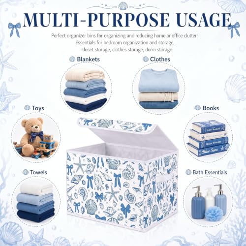 Briwooody Beach Storage Bin with Lid and Carrying Handle Coastal Blue Bow Seashell Foldable Storage Box Summer Bachelorette Party Decorative Collapsible Container Basket for Closet Home Bedroom Gift - style: Blue Bow Seashell