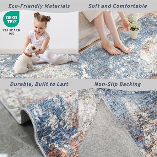 2x6 Non-Slip Washable Kitchen Runner Rug – Modern Abstract Carpet Runner for Hallway Bedroom Bathroom Laundry Room Entryway – Low-Pile Thin Rubber Backed（Blue Rust,2x6） - color: Blue Rust, size: 2' x 6' (Rectangular)