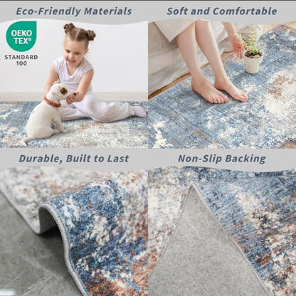 2x6 Non-Slip Washable Kitchen Runner Rug – Modern Abstract Carpet Runner for Hallway Bedroom Bathroom Laundry Room Entryway – Low-Pile Thin Rubber Backed（Blue Rust,2x6） - color: Blue Rust, size: 2' x 6' (Rectangular)