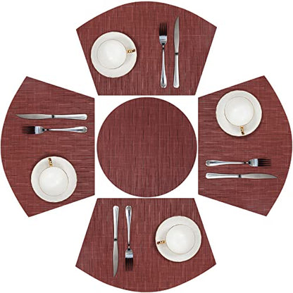 SHACOS Small Round Table Placemats Set of 5 Woven Vinyl Wedge Placemats with Centerpiece Round Table Mats Heat Resistant Wipe Clean (5, Burgundy Red) - color: Burgundy Red