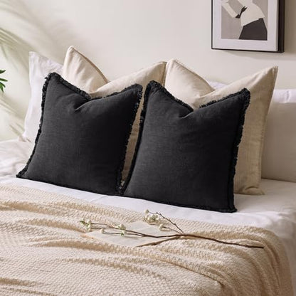 Linen Fringe Throw Pillow Covers 20x20 Inch Set of 2,Black - color: Black, size: 20" x 20" (Pack of 2)