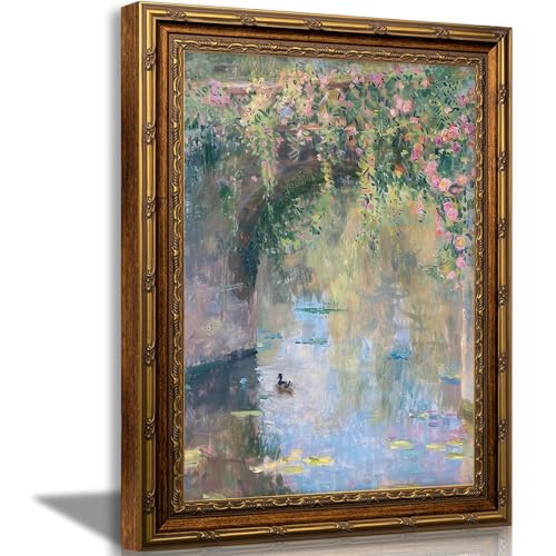 Vintage Gold Framed Wall Art Impressionist Water Lily Pond with Duck Canvas Print Rustic Farmhouse Floral Picture Paintings Ideal for Living Room Bedroom Thoughtful gift and Home Decor 12x16 in - color: Impressionist, size: 12"L x 16"W