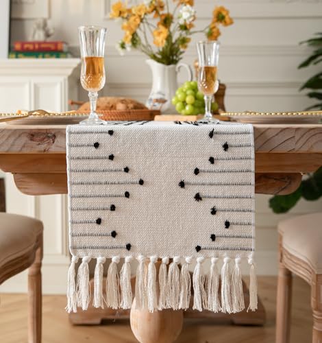 Caflife Black Beige Cotton Linen Rustic Boho Table Runner 13x108 Inch Long - color: Black Beige, size: 13x108Inch