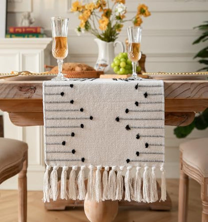 Caflife Black Beige Cotton Linen Rustic Boho Table Runner 13x48 Inch Long - color: Black Beige, size: 13x48Inch