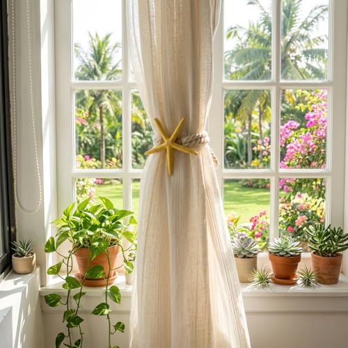 4PCS Starfish Curtain Tiebacks - Hand-Woven Rope Tiebacks for Indoor & Outdoor Decor, Perfect for Coastal Bedroom Curtains & Living Room Window Decor (Yellow) - color: Yellow
