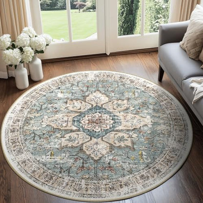 BESTSWEETIE Washable Boho Round 8ft Area Rug for Living Room, Green Brick - color: Green/Brick/Rust Red, size: 8' (Round)