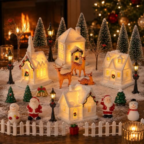38 PCS Christmas Village Sets Christmas Figurine Village Houses Accessories White Winter Miniature Town Snow Scene Tabletop Decor with Santa Snowman Deer Street Light Pine Trees for Xmas Home Decor - color: Christmas