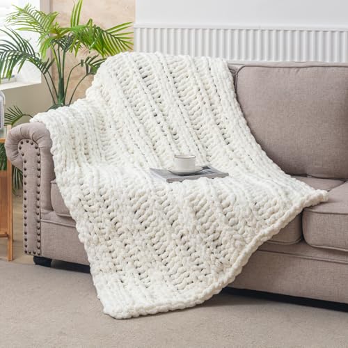 WESHIONGOO Chunky Knit Blanket Throw for Couch Bed 40"×60" Cream White - color: Cream White, size: 40"x60"(Medium Size Throw)