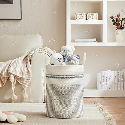 VIPOSCO 58L Tall Woven Rope Laundry Hamper, Leather Handles, Stripe White - color: Stripe White, size: 58L