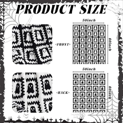 Halloween Ghost Granny Square Blanket Reversible Boo Knit Throw Blankets - color: Black and White, style: Halloween Ghosts