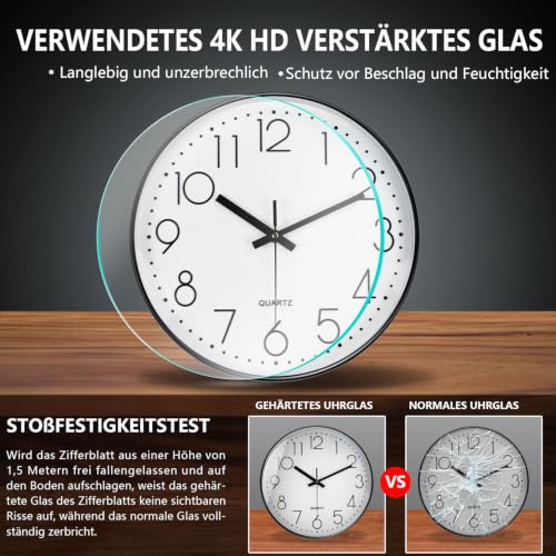 Silent Wall Clocks Battery Operated 8 Inch, Analog Wall Clock with Oversized Number Tempered Glass Clock Face, Black Quartz Non Ticking Wall Clocks for Living Room Bedroom Kitchen Office - color: White, size: 8 Inch