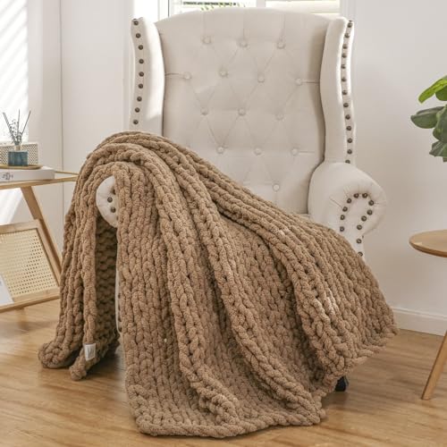 WESHIONGOO Chunky Knit Blanket Throw for Couch Bed 51"×63" Brown - color: Brown, size: 51"x63"(Large Size Throw)
