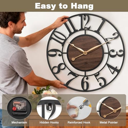16 Inch Black Arabic Numeral Large Wall Clock with Walnut Dial - color: Brown, size: 16 Inch