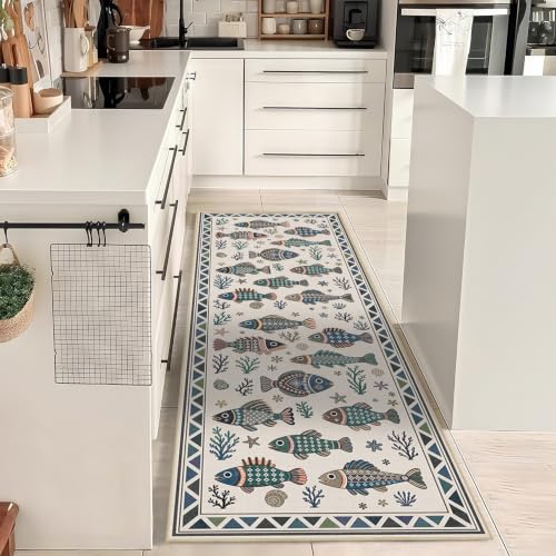 Fish Ocean Runner Rug 2x6 for Hallway Bedroom Coastal Kitchen Rugs Low Pile - color: Fish, size: 2'x6' (Runner)