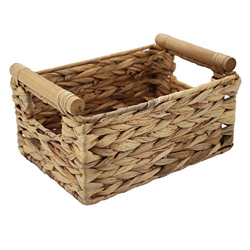 Natural Woven Water Hyacinth Storage Basket with Wood Handles, Large - color: Natural, size: 14.17x 10.23x 6.69