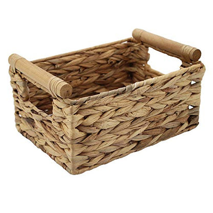Natural Woven Water Hyacinth Storage Basket with Wood Handles, Large - color: Natural, size: 14.17x 10.23x 6.69