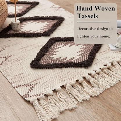 Boho Runner Rug, Washable Hallway Rug Runner Non Slip Rubber Backed, Kitchen Farmhouse Area Rug Floor Mat with Tassels, Tufted Woven Cotton Entryway Carpet (Brown, 2.3'x3.8') - color: Brown, size: 2'4" x 3'10" (Runner)