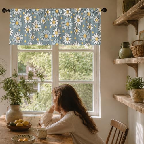 Daisy Floral Blackout Window Valance Curtain, Blue Yellow Boho Design - color: Flower 7, size: 52"W x 18"L (Pack of 1)