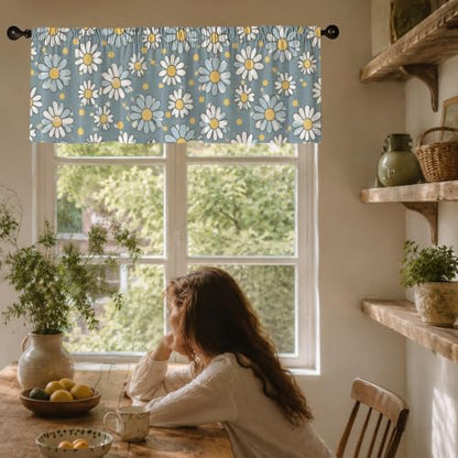 Daisy Floral Blackout Window Valance Curtain, Blue Yellow Boho Design - color: Flower 7, size: 52"W x 18"L (Pack of 1)