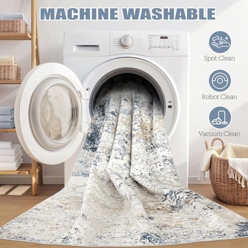DMOYEST 3x5 Entryway Area Rug Washable Abstract Beige Blue Small Carpet - color: Beige Blue, size: 3' x 5' (Rectangular)